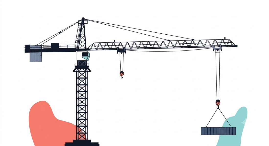 Illustration of a tower crane lifting a shipping container