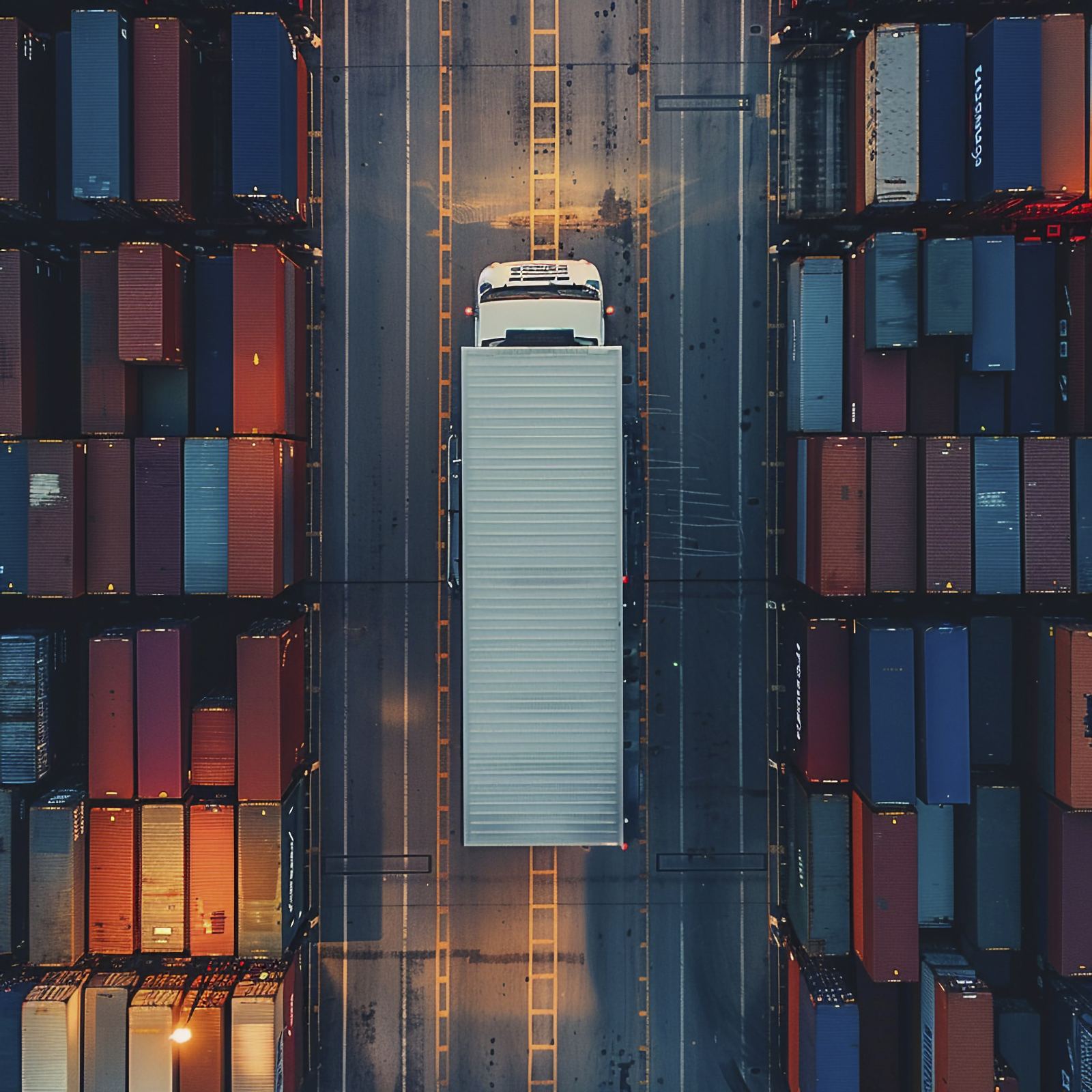 Aerial view of a transport truck moving between stacked shipping containers
